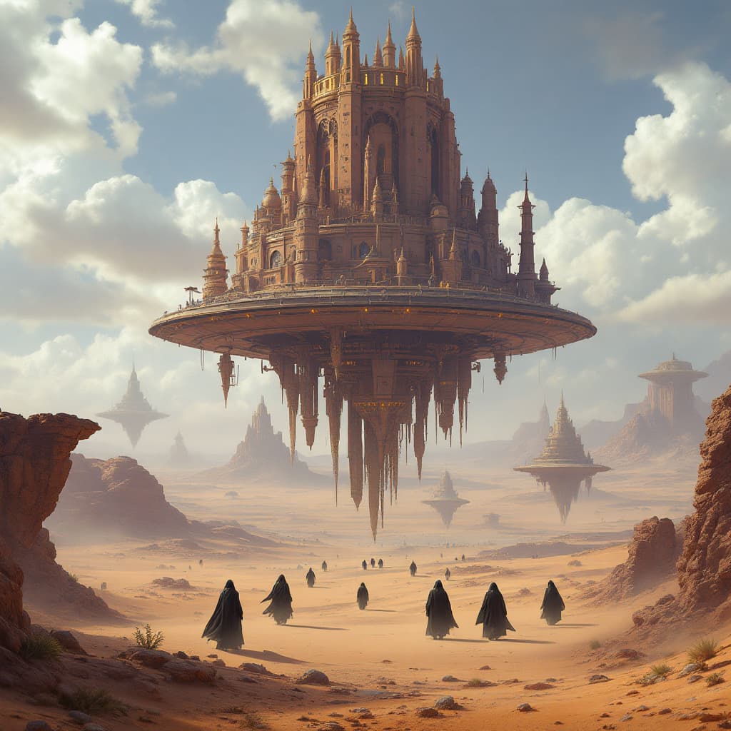 AI generated: A group of Ring Wraiths approaching a floating desert kingdom in a dystopian world