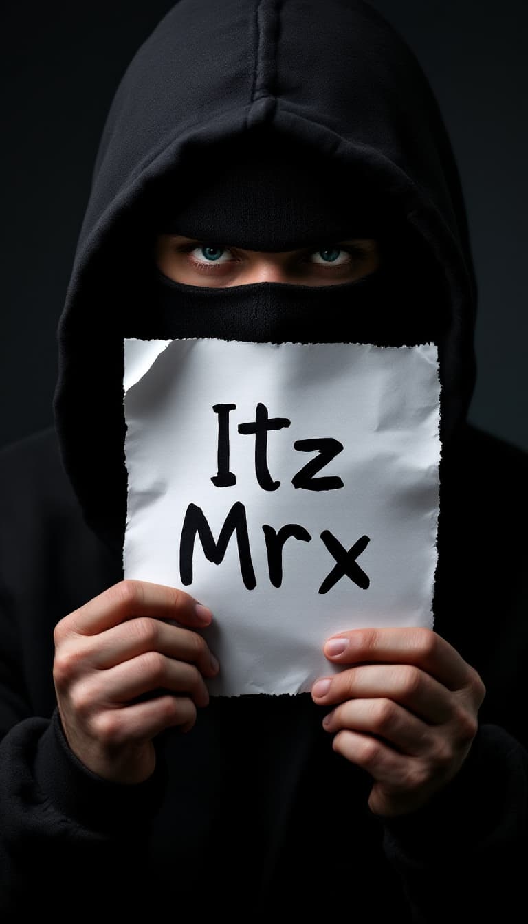 AI generated: man wearing black hoodie holding a pease of paper sying "Itz Mrx" hand writed his face covered with ...