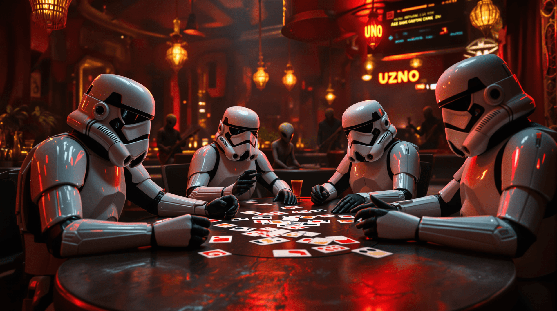 AI generated: A stunning, ultra-realistic scene of a group of sci-fi characters resembling a 4 Stormtrooper, all i...