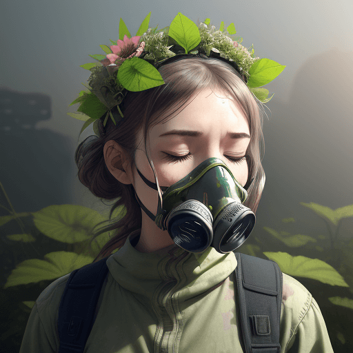AI generated: Woman with flower crown on her head and gas mask on her face, plant growing out of her mouth, plant ...