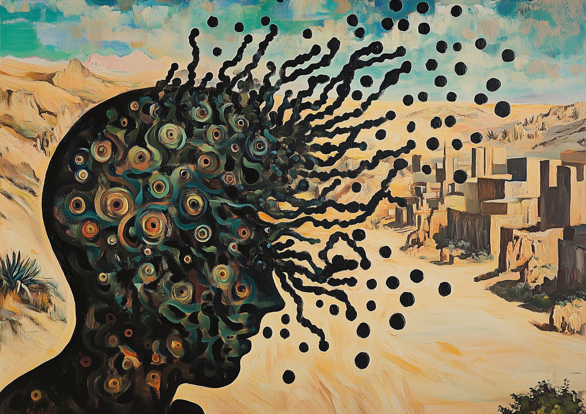 AI generated: Oil painting of a surrealist, otherworldly landscape in muted colors. An abstract illustration of th...