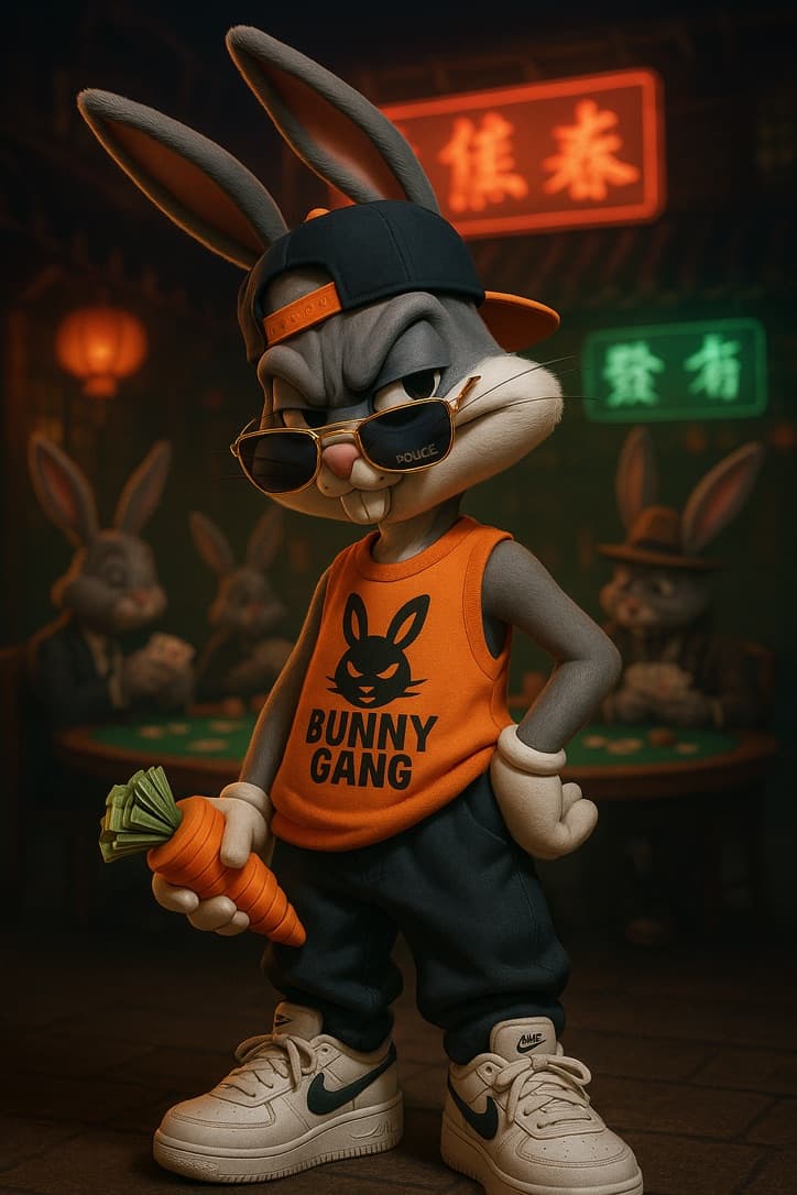 AI generated: Stylized 3D portrait in iPhone 16 Pro format (9:16) of a character [Bugs Bunny]. Standing, confident...