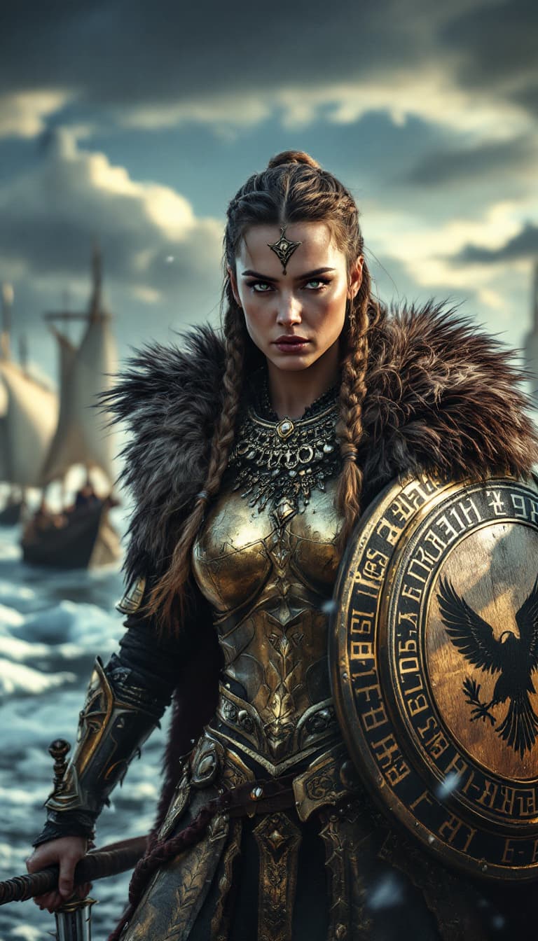 AI generated: A powerful Viking warrior queen with ash-brown hair styled in braided side plaits, wearing gold-plat...