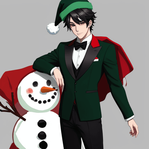 AI generated: Make an anime male with the head of a snowman. Dressed in a red, black, emerald green, and white tai...