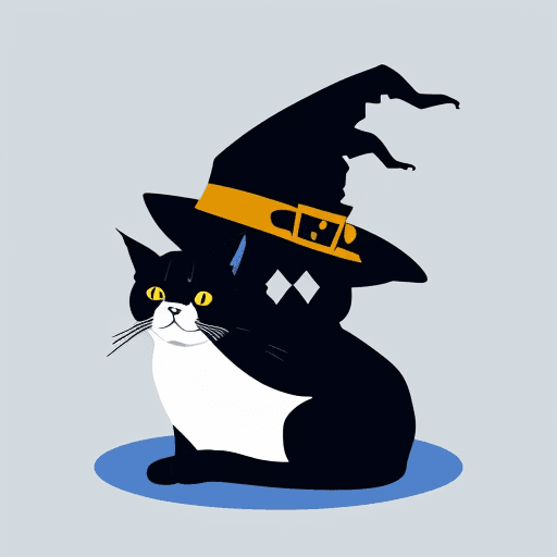 AI generated: A flat illustration of a cat wearing a witch's hat and sitting on the skull, minimalist, blue , util...