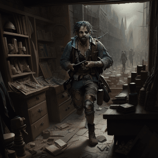 AI generated: A high resolution image of a rebel in tattered clothes looting a fantasy shop 4k 60fps