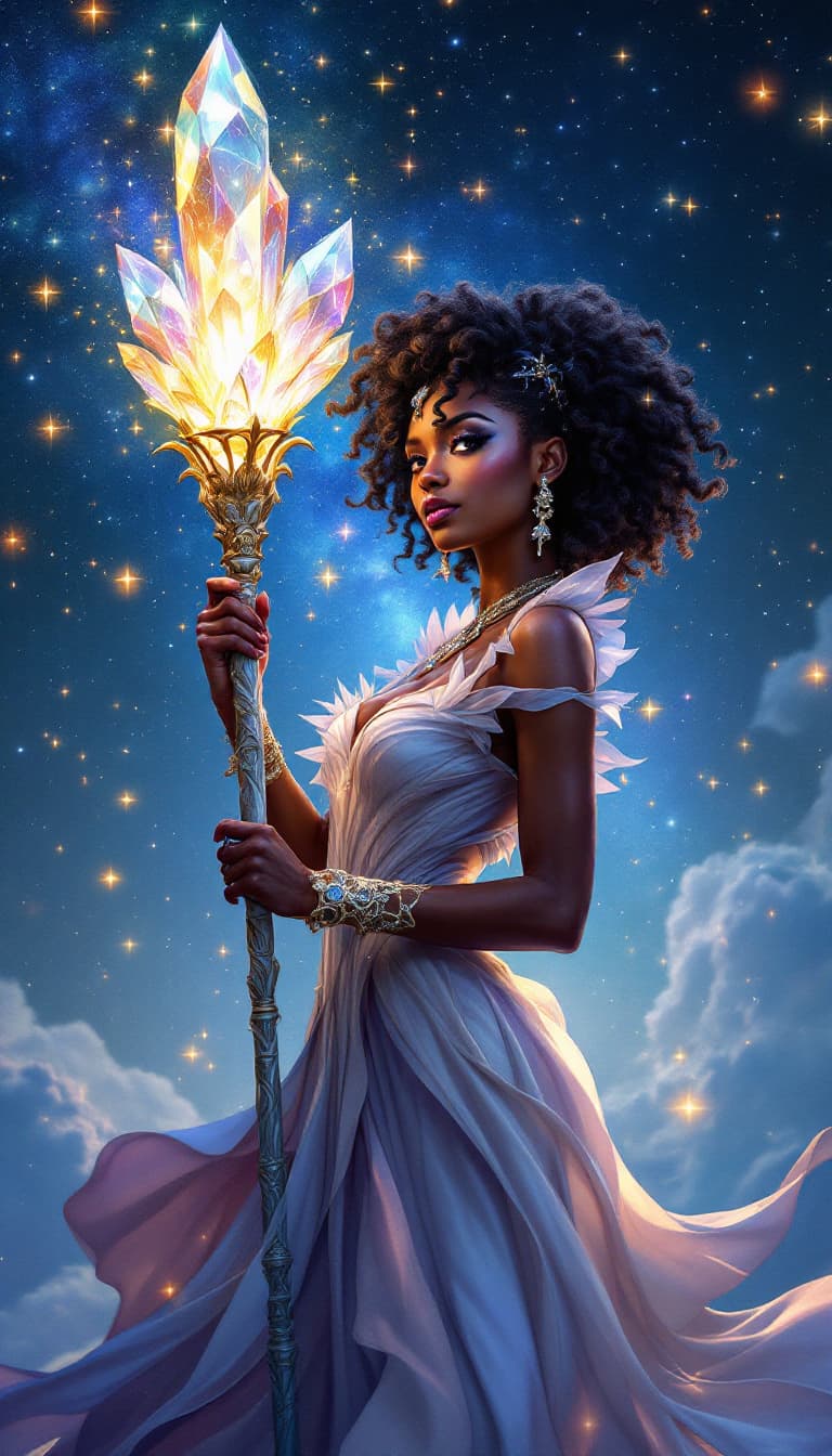 AI generated: "Luminous Enchantress in a Starry Realm": A vibrant image portrays a powerful woman with an otherwor...