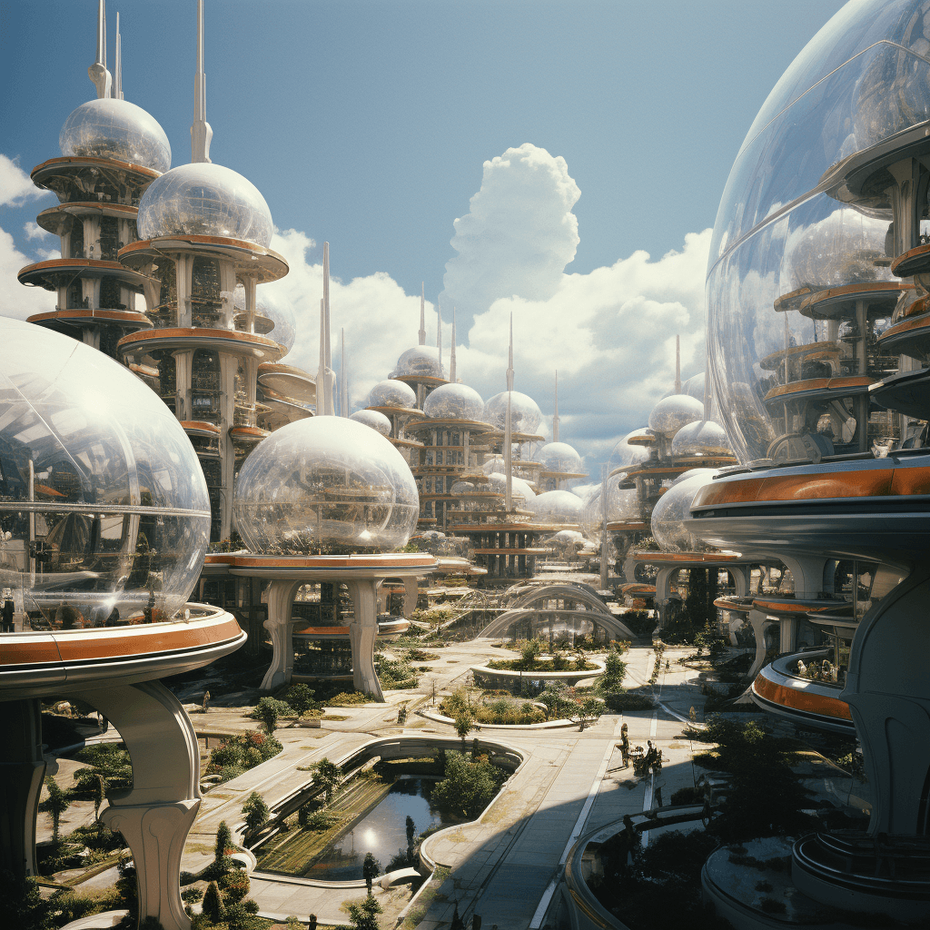 AI generated: Retro Futurism style, It is a city designed by Buckminster Fuller on Mars in 2500, influenced by the...