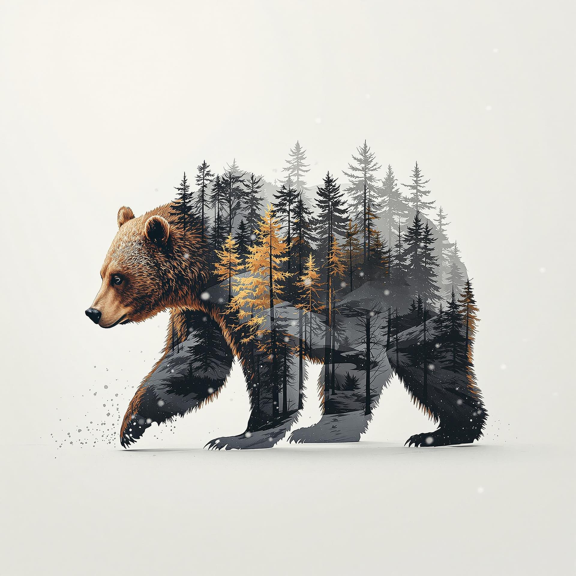 AI generated: The image displays a captivating blend of natural elements where the silhouette of a bear is seamles...
