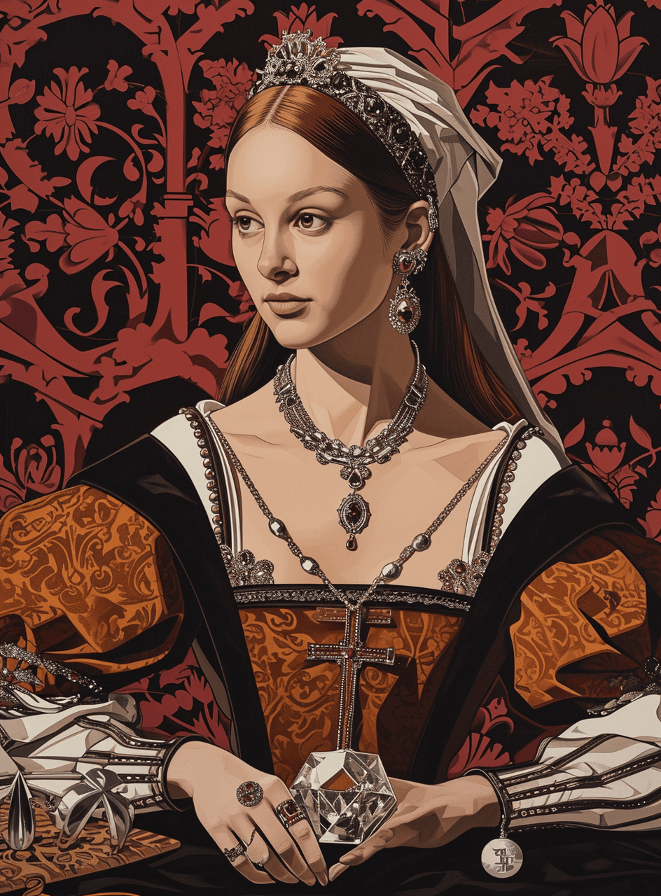 AI generated: a medieval young queen with big diamond illustration, in the style of r. kenton nelson, marie bashki...