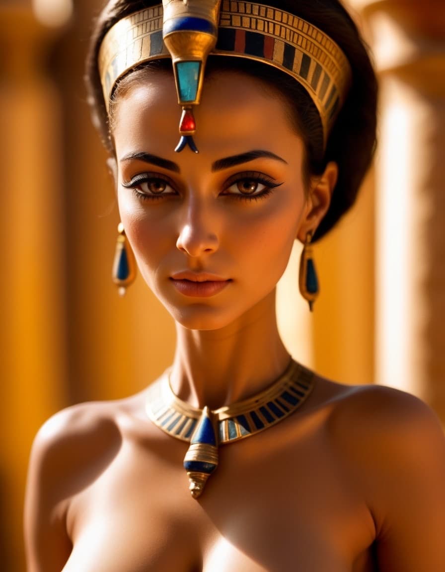AI generated: nsfw, full shot, candid shot, off-center view, Photography of an ancient (nude 1:1) Egyptian queen i...