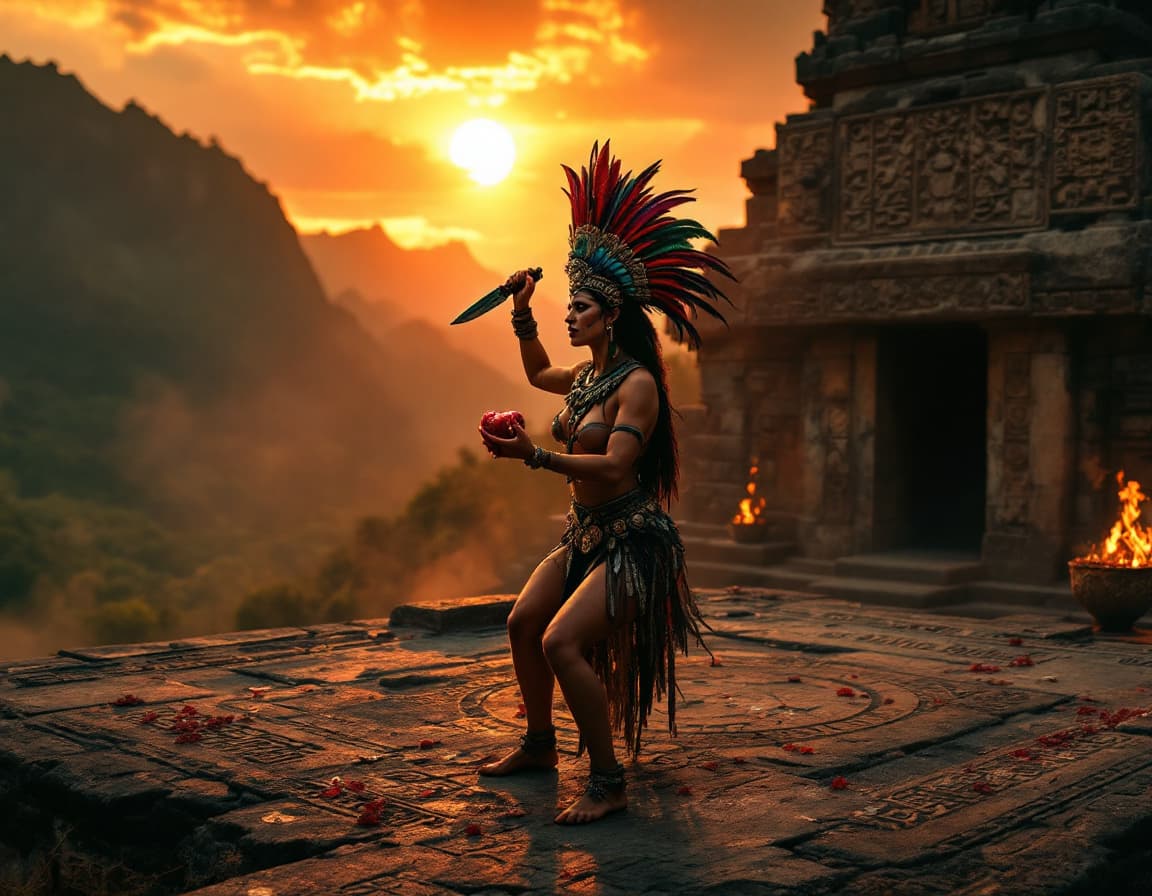 AI generated: At the edge of an ancient temple platform, an Aztec priestess performs a powerful ritual dance at su...