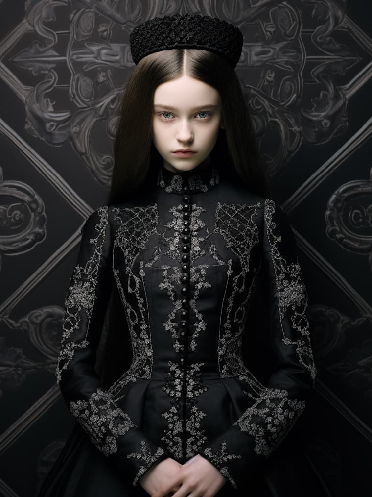AI generated: full body Vogue fashion photography of a Hasidic teen female model wearing a couture dress, alexande...