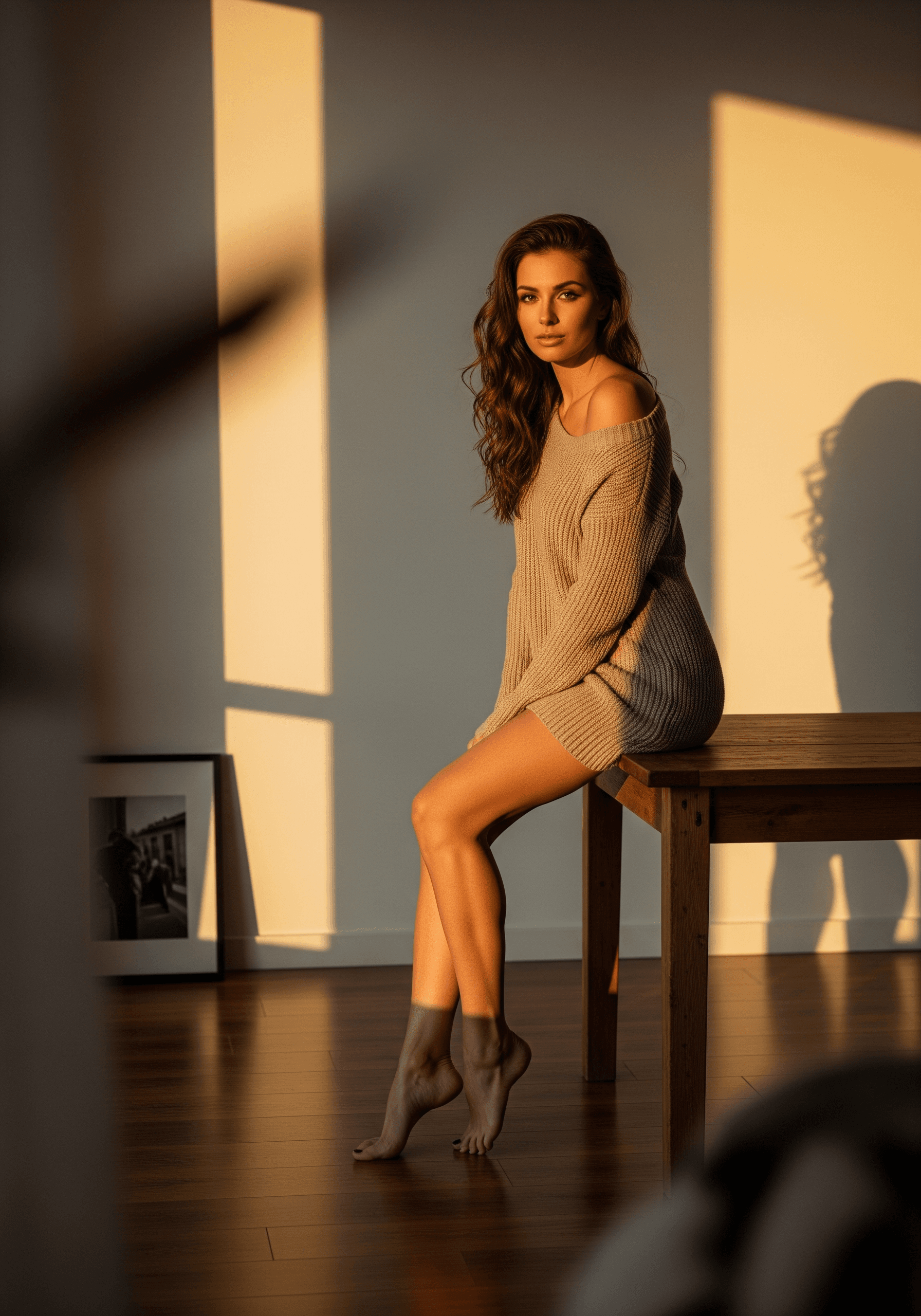 AI generated: A beautiful, captivating woman with long brown wavy hair sits barefoot on a rustic wooden table. She...