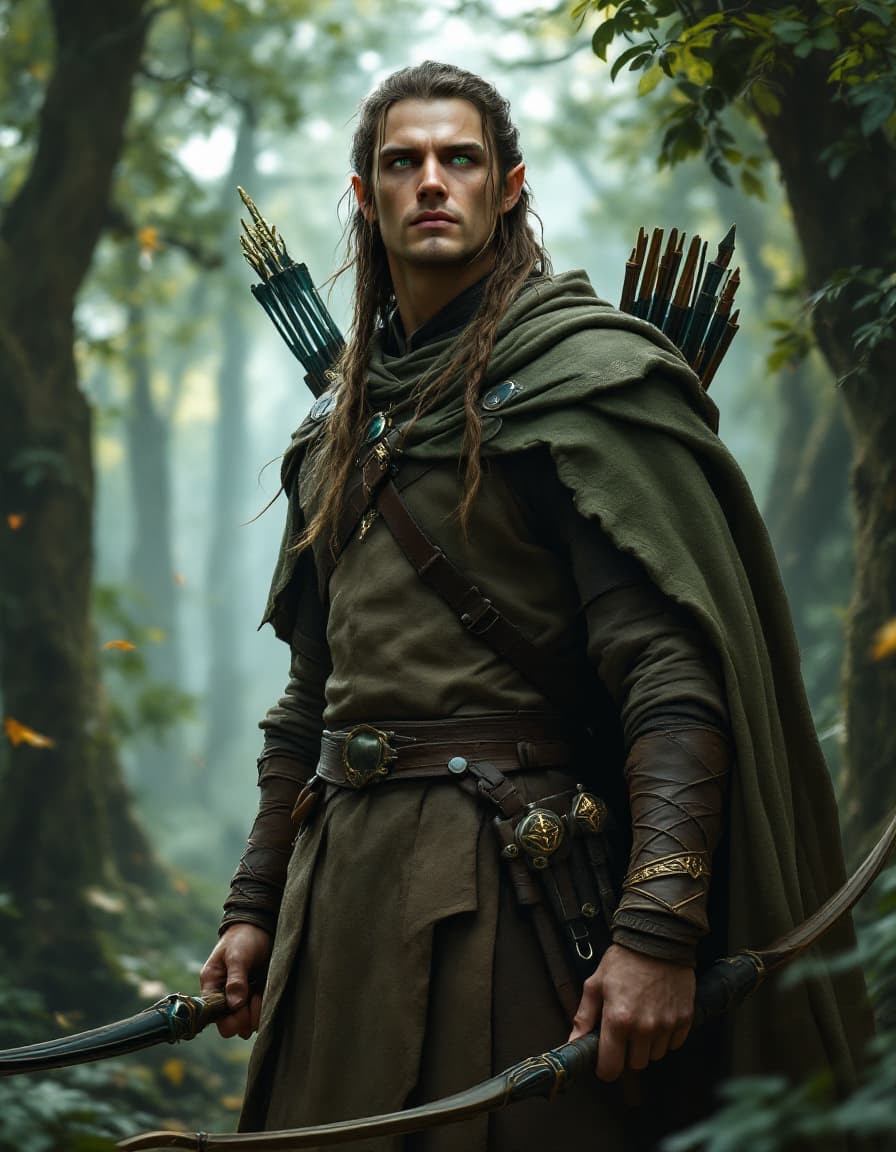 AI generated: Dynamic angle, full body view, realistic, male human ranger, long, braided hair, lightweight leather...