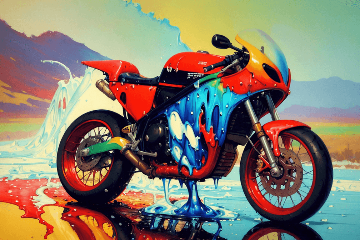 AI generated: old school motorcycle race, (melting colours:1.4), style of Sylvain Sarrailh, oil painting((masterpi...