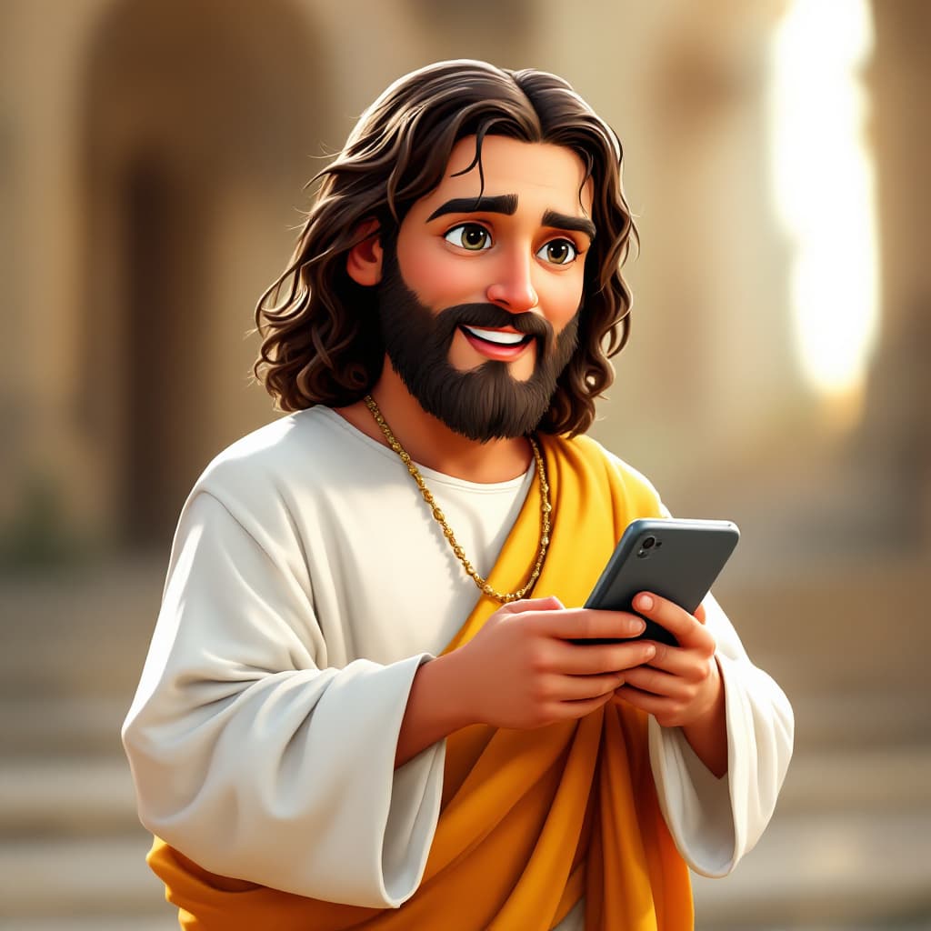 AI generated: cute cartoon jesus, white long clothes, with smartphone in his hand