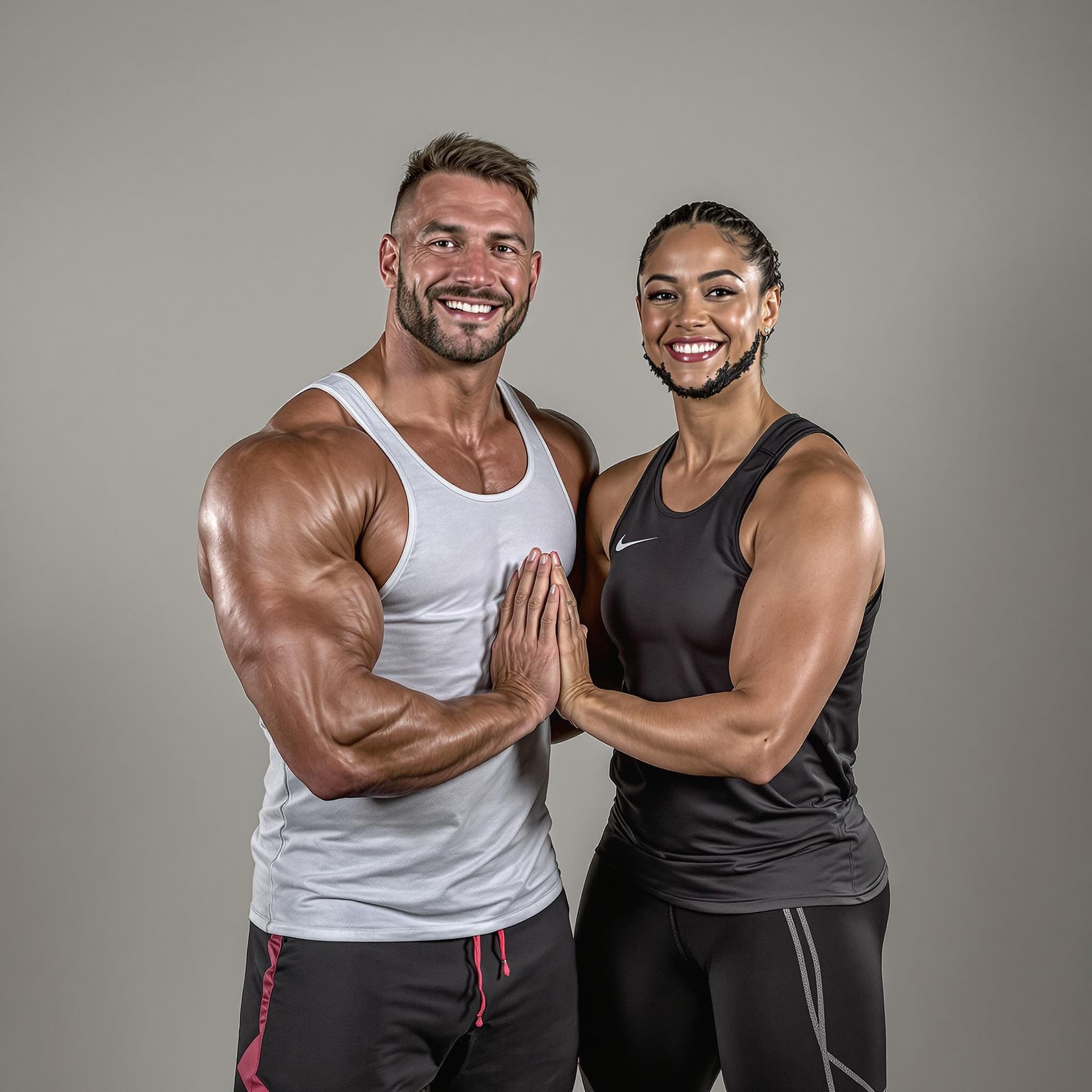 AI generated: a professional photograph of bodybuilder and yoga instructor posing together.
