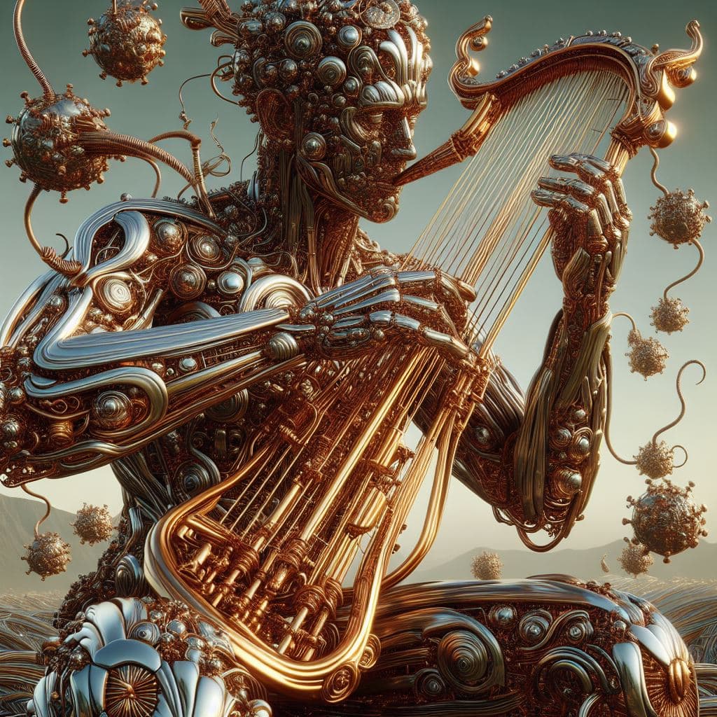AI generated: Metallic virtuoso musician, limbs comprising myriad fragments of improbably organically-assembled in...