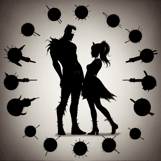 AI generated: he's a bad guy,, and she's a cute and tatty girl, the picture shows their silhouettes. 