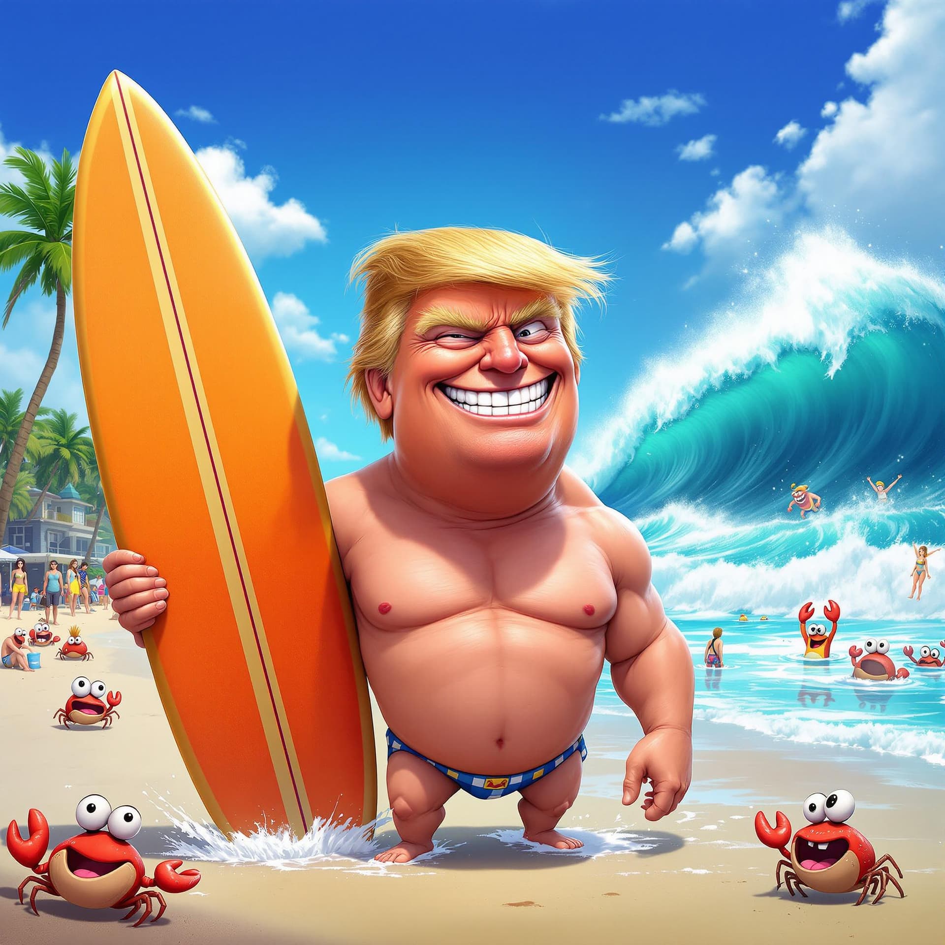 AI generated:  a humorous, exaggerated caricature of Donald Trump. His face has oversized, intense eyes with one e...
