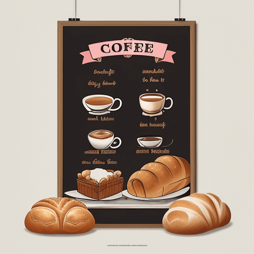 AI generated: a poster ,have a"wish coffee"for name on top, in middle, bread for decorate  ,more cute and more lik...