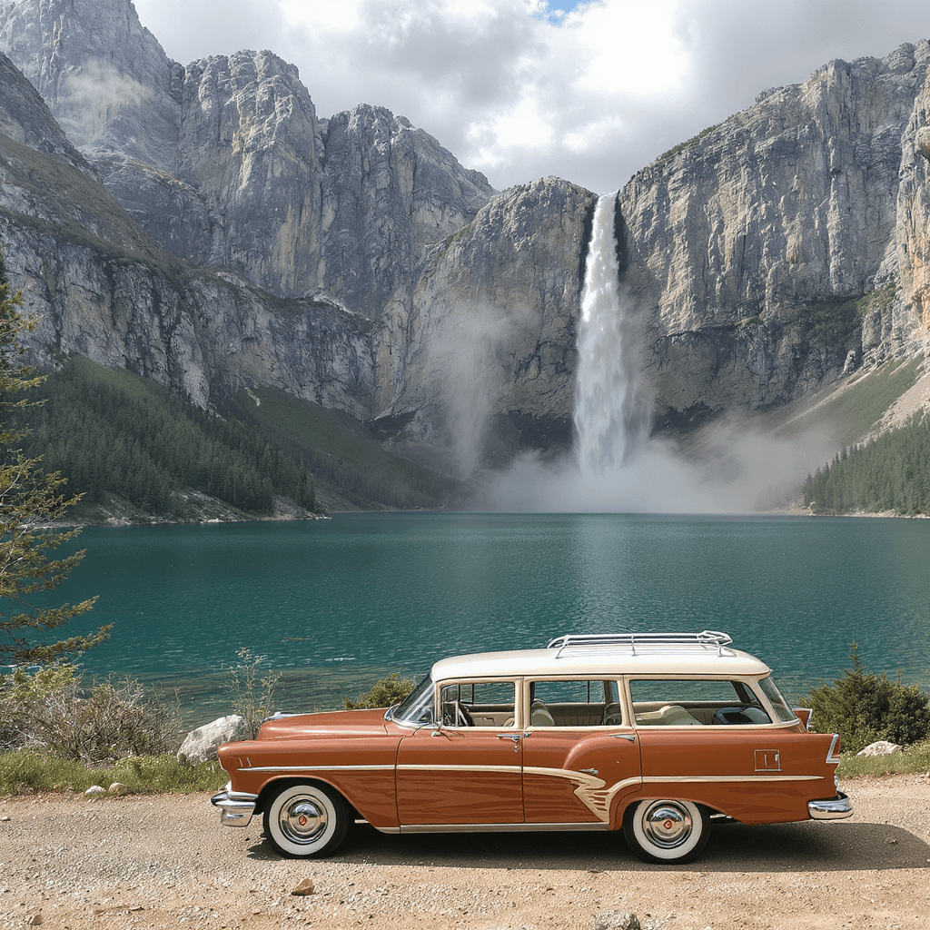 AI generated: lake vacation, waterfall, vintage station wagon