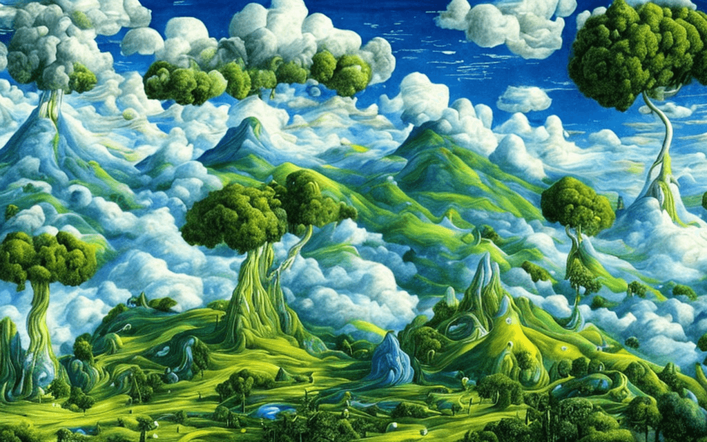 AI generated: Fantasy world, atmosphere dominated by warm blue, bright green and yellow, cypress trees reaching to...