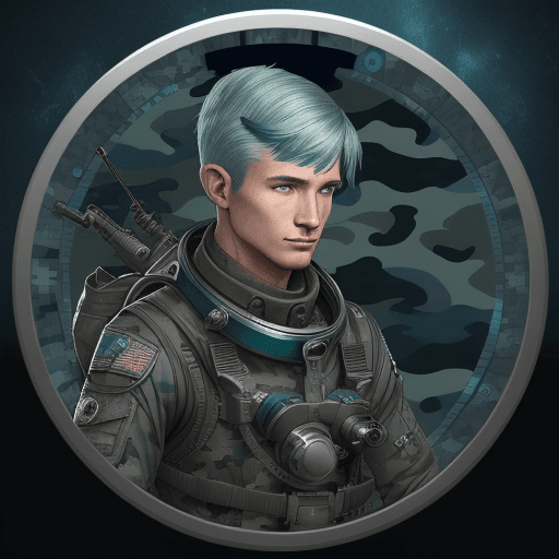 AI generated: avatar for Discord, circle border in silver, male 50 years old moon diver military unit with weapons...
