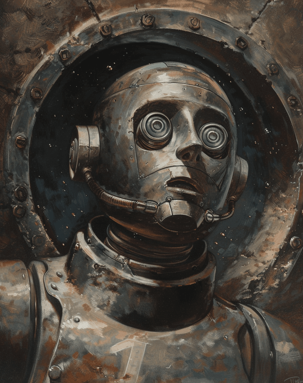 AI generated: Imagine an oil painting of the chrome robot holding his chest in pain. He is inside an old, spiral d...
