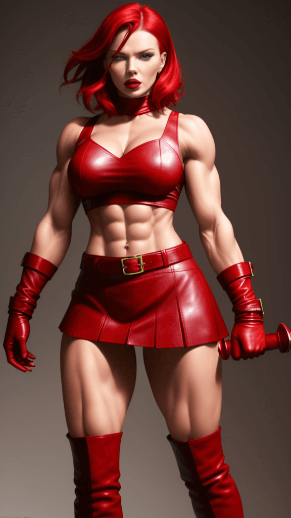 AI generated: Scarlette Johanson as strong muscular woman, toned biceps, wears red Leather skirt, red Leather Glov...