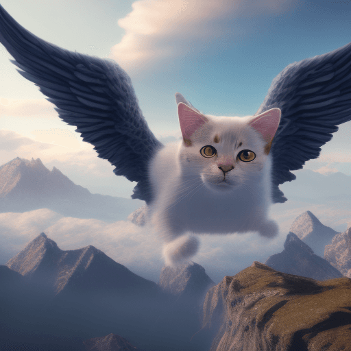 AI generated: A Cat with angel wings, flying in the sky, above mountains, cinematic, hyper realism, high detail, o...