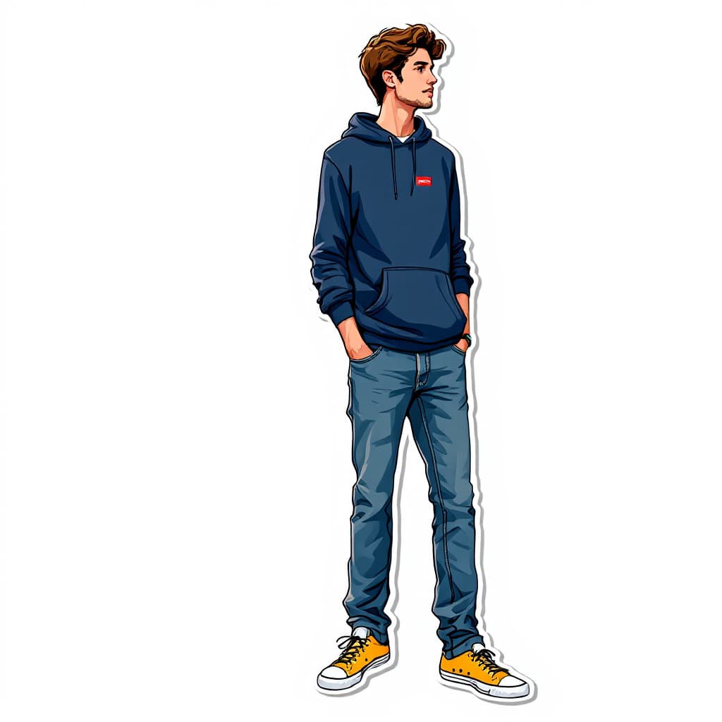 AI generated: A full-body sticker-style illustration of a young man with brown hair and a light one-day stubble, w...