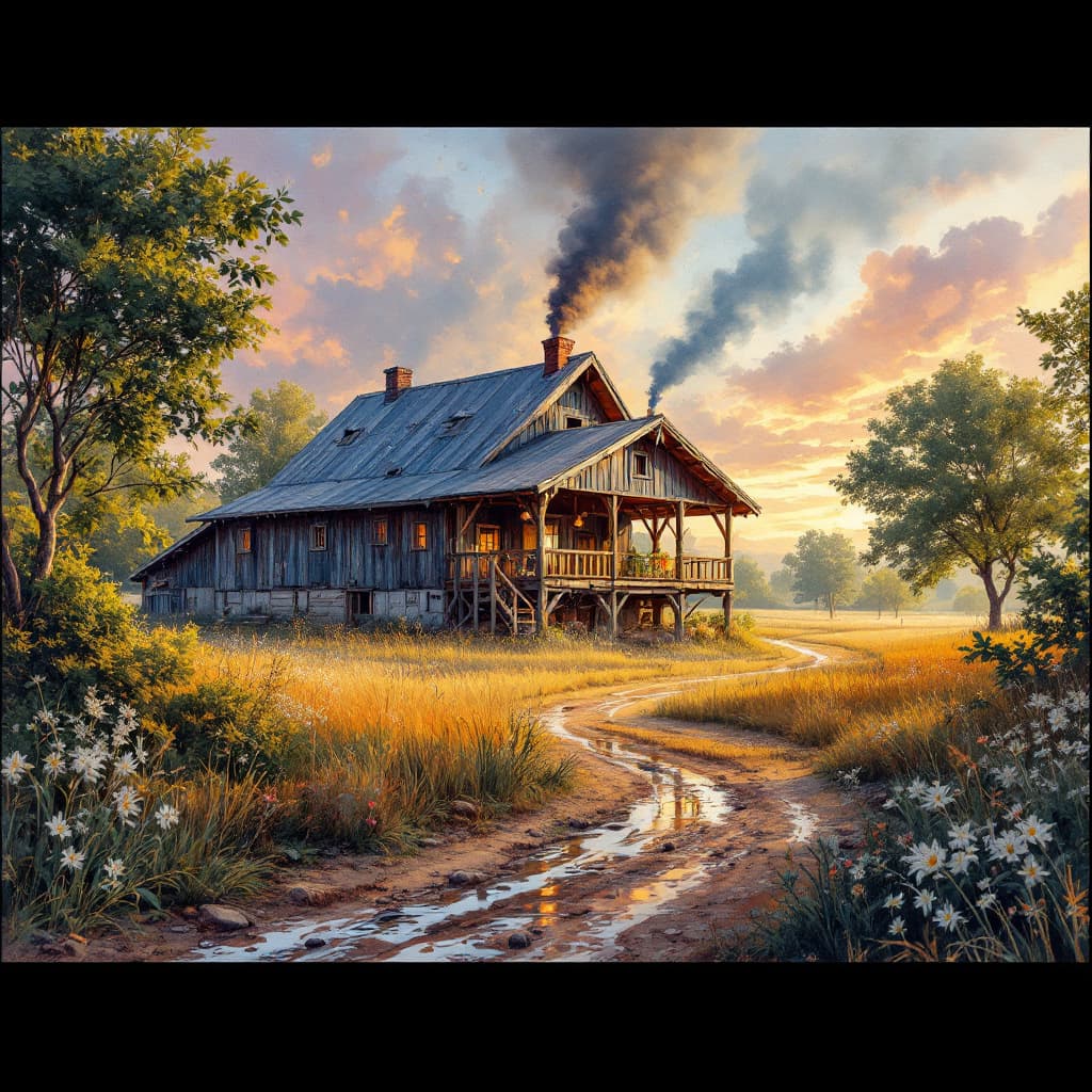 AI generated: Fantastic watercolor painting of living on a farm, concept farm art watercolor, hyperrealism, extrem...