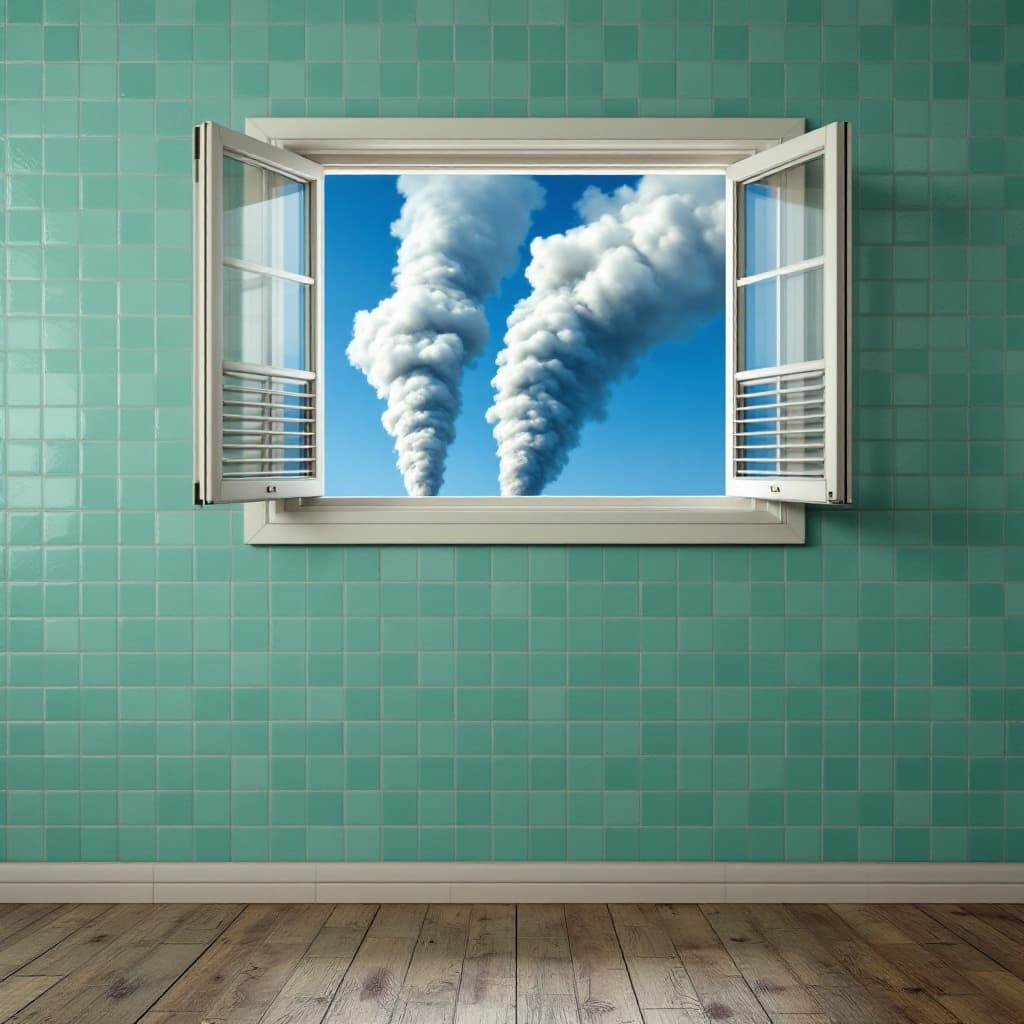 AI generated: A front wall with vintage turquoise kitchen tile coverings from floor to ceiling. No furniture.
On t...