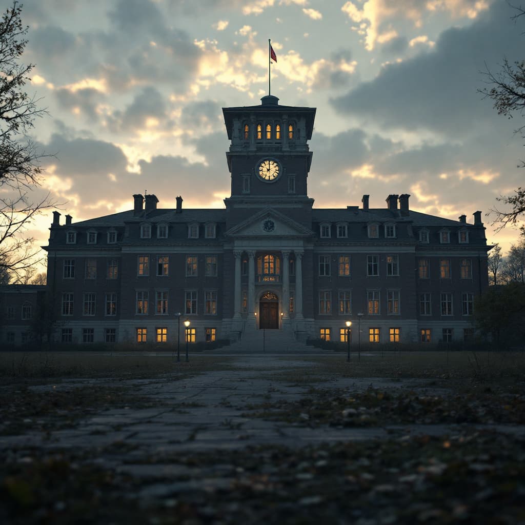 AI generated: Ultra-realistic school building photo, dramatic lighting, pale sunrise, cinematic lighting, aged str...