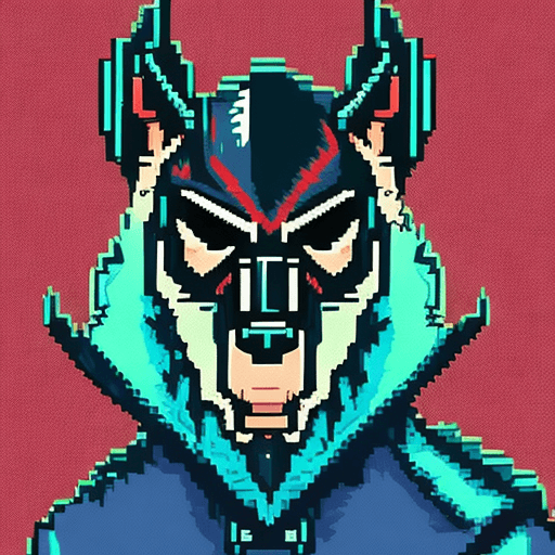 AI generated: Image for a Hotline Miami style pixelart character. A guy with a black wolf mask and a torn black ja...