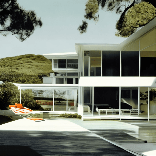 AI generated: Hyper realistic eye level exterior photo of a mid century modern style house overlooking the ocean, ...