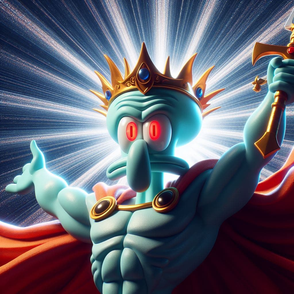 AI generated: Squidward is the mightiest god with a sword, red eyes, heroic pose, divine and celestial light, mast...