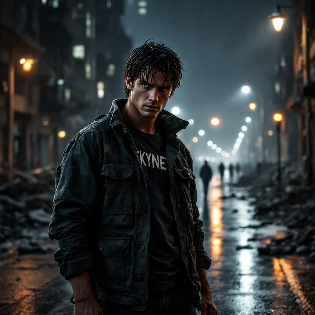 AI generated: [EXT. RUINED STREET - NIGHT] - Cinematic, gritty, rain-slicked concrete. Flickering emergency lights...