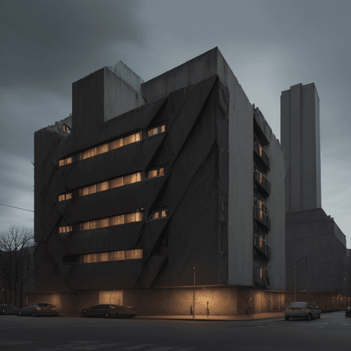 AI generated: A high-resolution photograph depicting a brutalist-style building located on a city street in the Go...