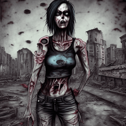 AI generated: digital illustration of a female zombie, full body, medium long shot photography, creepy and terrify...