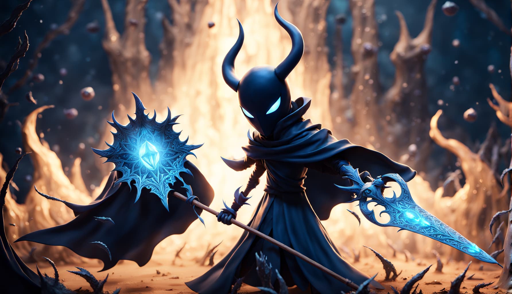 AI generated: Intricate CG unity wallpaper, close-up, Hollow Knight, White color mask with (perfect) round sockets...