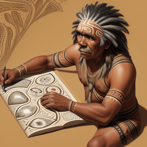 AI generated: photo of an aboriginal person using the Aboriginal songlines to navigate drawn in a storybook style