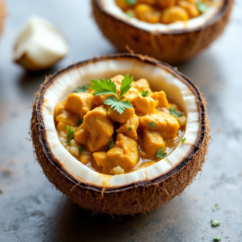 AI generated: Succulent chicken curry infused with tender coconut flavor, served uniquely in a tender coconut shel...