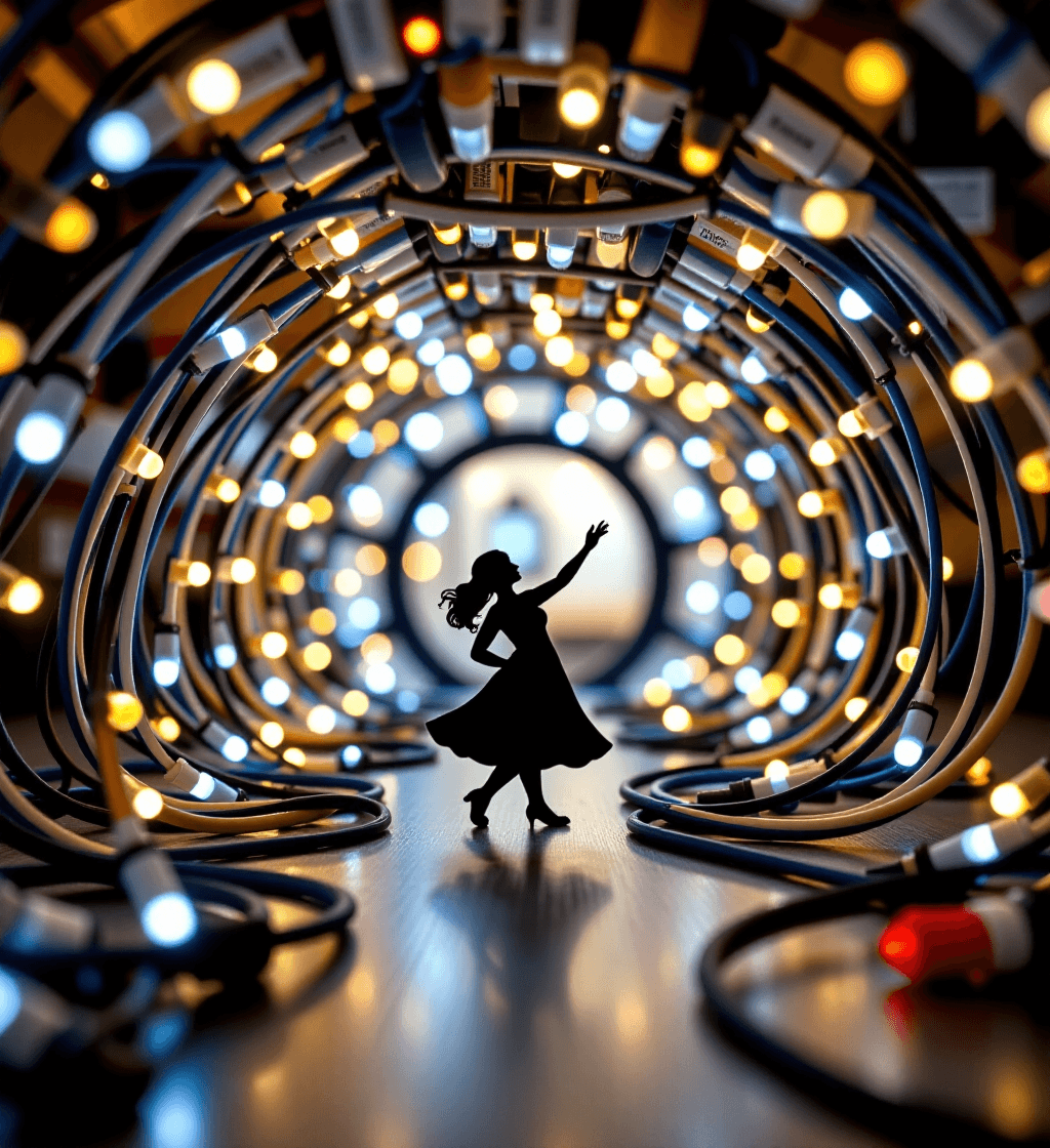 AI generated: Ein digitaler Dschungel aus Kabeln, dazwischen wachsen leuchtende Noten und Swing-TÃ¤nzer-Silhouette...
