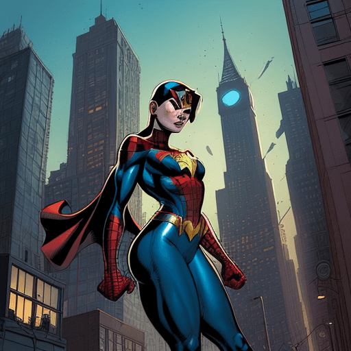 AI generated: An urban landscape with iconic comic book characters, such as Spider-Man, Wonder Woman, and the X-Me...