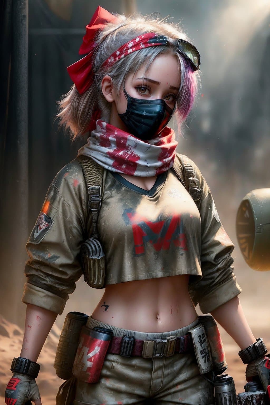 AI generated: (Girl paintball master:1.3) red bandana, mask, short chest, rim light, beautiful Lighting, 8k, stunn...