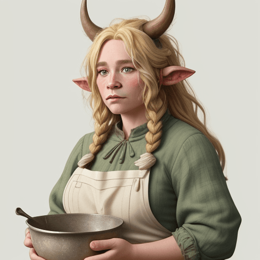AI generated: firbolg female baker, wild blonde hair, large build, soft look, cow nose, cow ears, light greenish s...