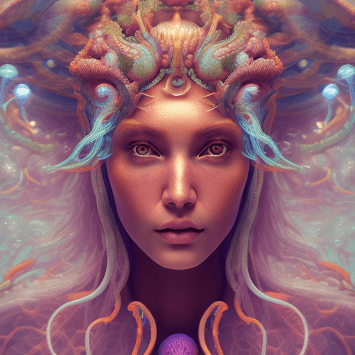 AI generated: Goddess close-up portrait ribcagel. jellyfish phoenix head, nautilus, orchid, skull, betta fish, bio...